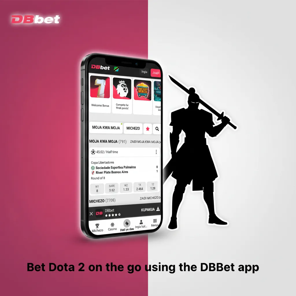 Hand holding smartphone with DBBet app showing Dota 2 live odds and markets; a bet slip on screen.