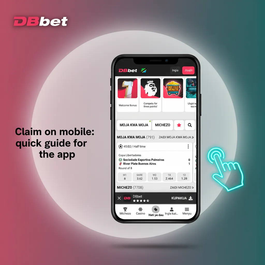 Mobile screen checklist for claiming DBBet welcome bonus: open app, sign in, opt in, deposit €10, get bonus.