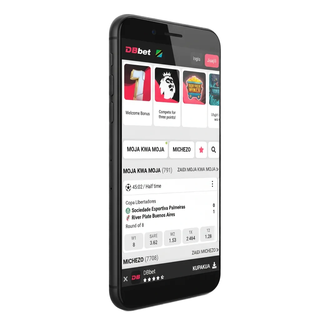 DBBet iOS app on iPhone featuring sports betting and casino in Tanzania, with 100% welcome bonus up to €1,500.