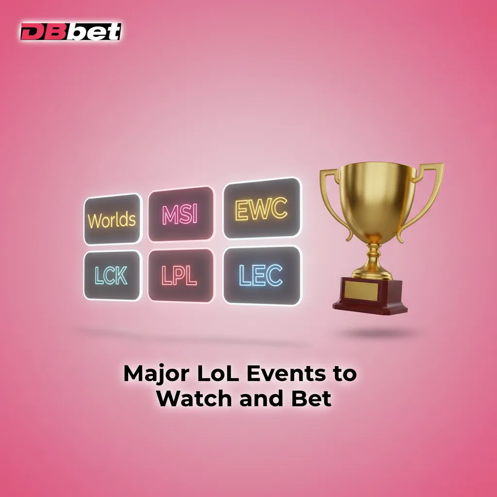 League of Legends esports calendar graphic: Worlds, MSI, EWC, LCK, LPL, LEC—major events to watch and bet year-round.