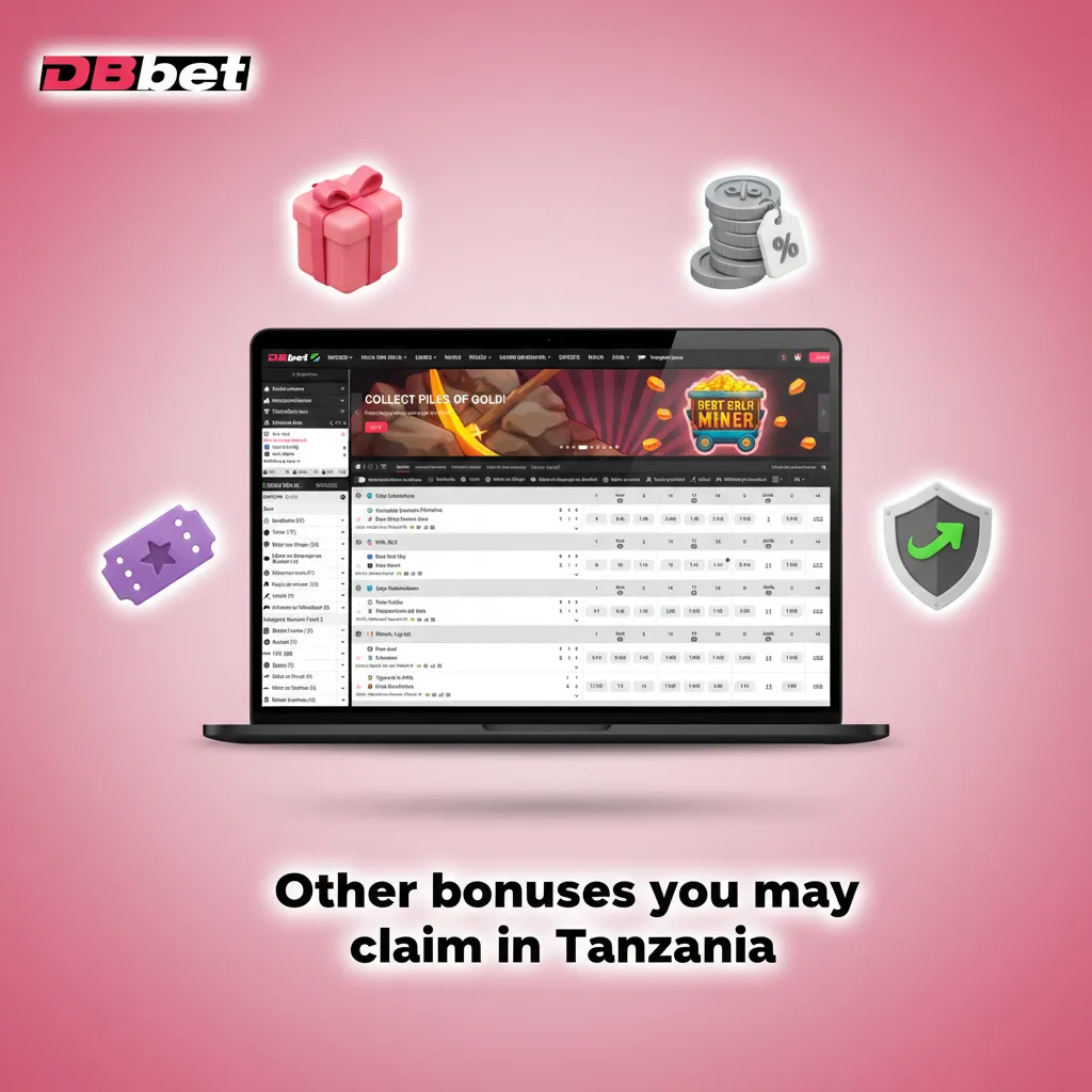 Graphic listing DBBet Tanzania promotions: reload bonus, free spins, cashback, accumulator boost, VIP and loyalty rewards.