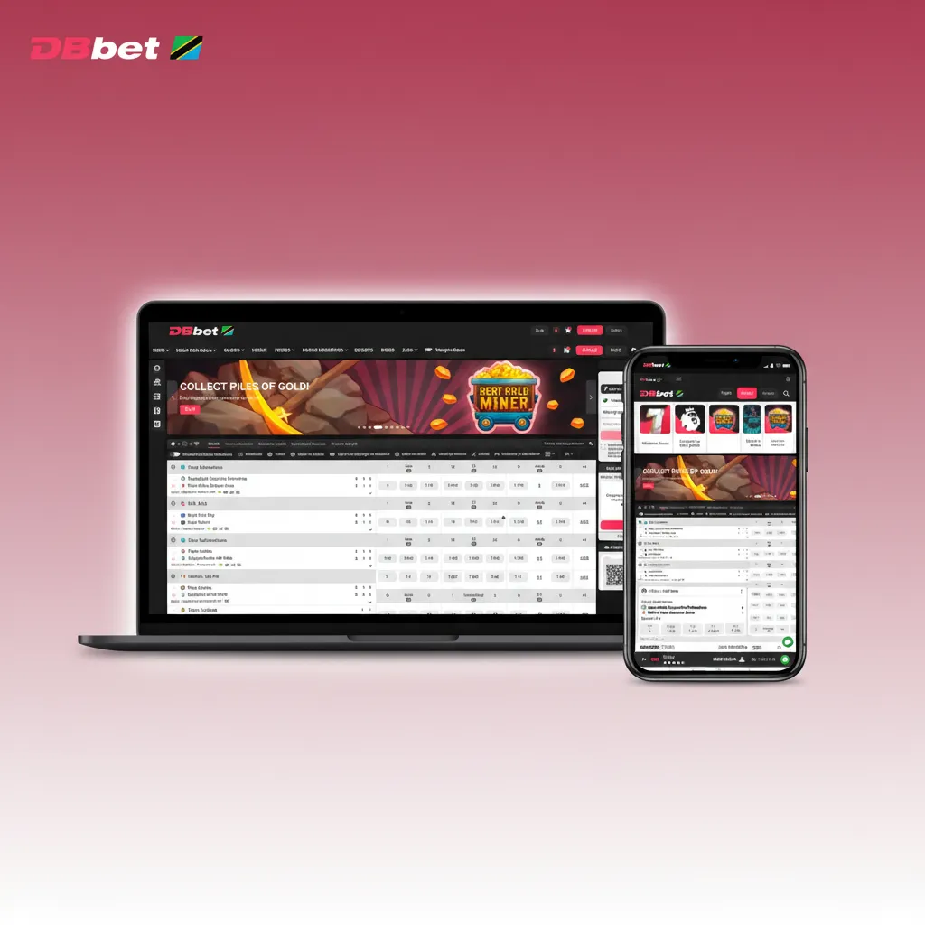 DBBet Tanzania site with top nav for Sports, Live, Esports; TZS odds, format switch, one-tap support, clean, fast bet layout.