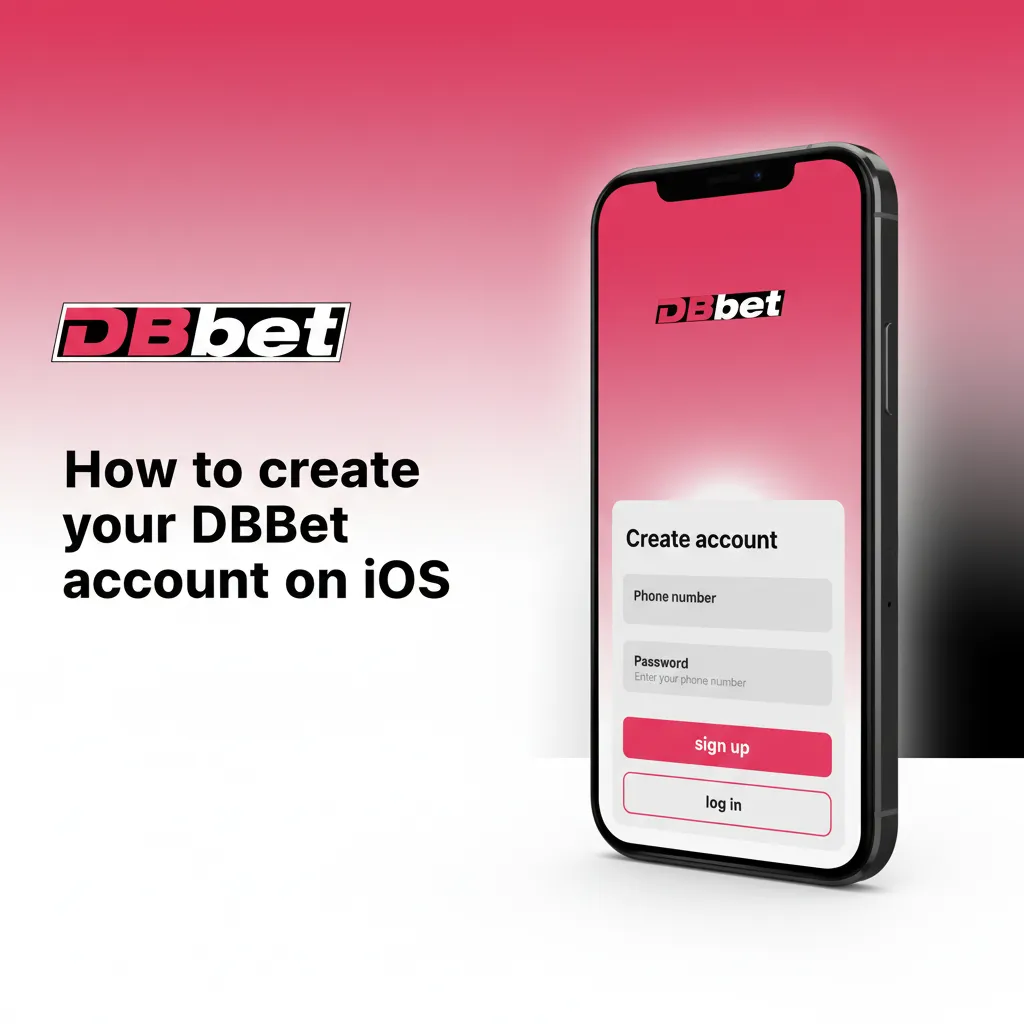 iPhone screen with DBBet signup steps on iOS: register, enter contact, set password, details, 18+ consent, SMS/email verify