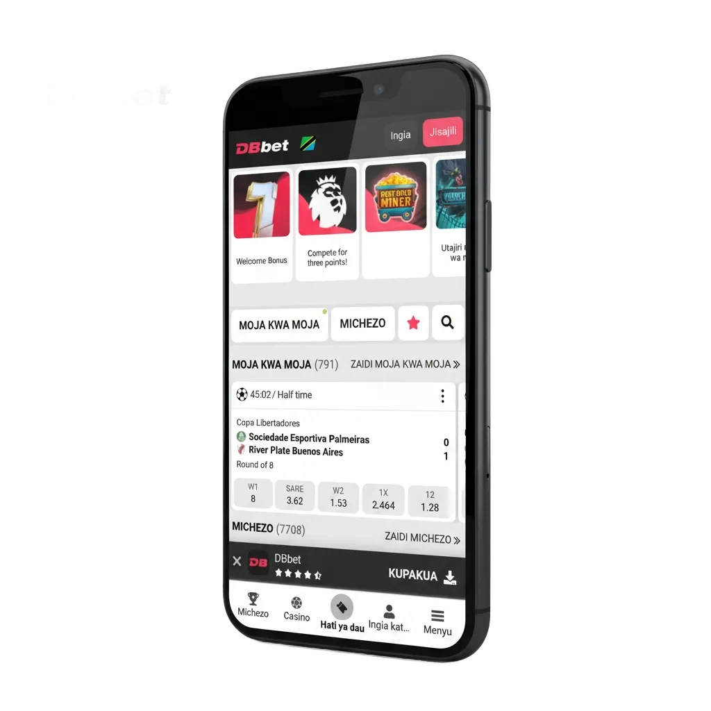 DBBet mobile app promo in Tanzania: sportsbook & casino, 100% up to €1,500, mobile UI with payment icons.