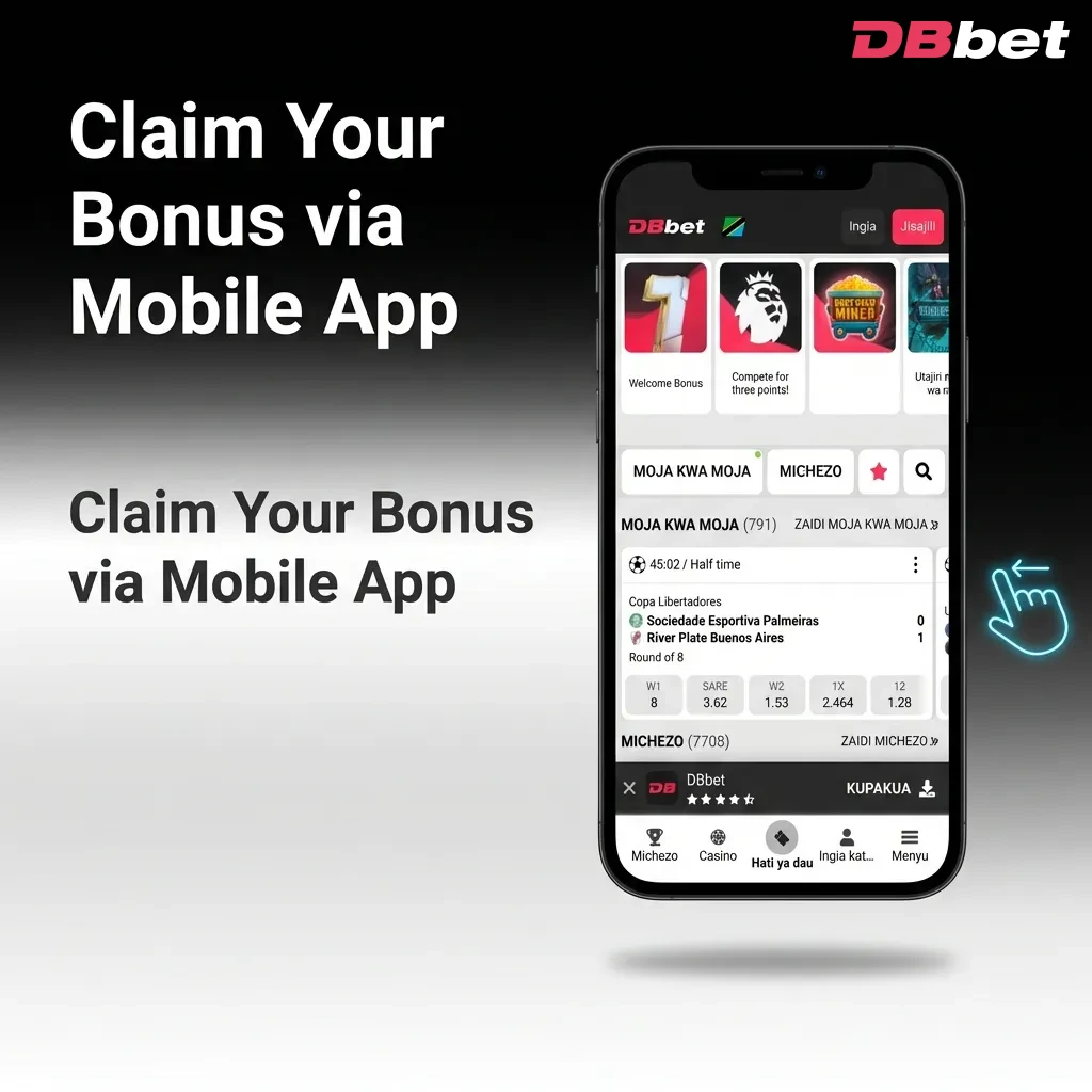 Mobile app interface showing bonus claim process with download, login, deposit, and play steps — DBbet in Bangladesh
