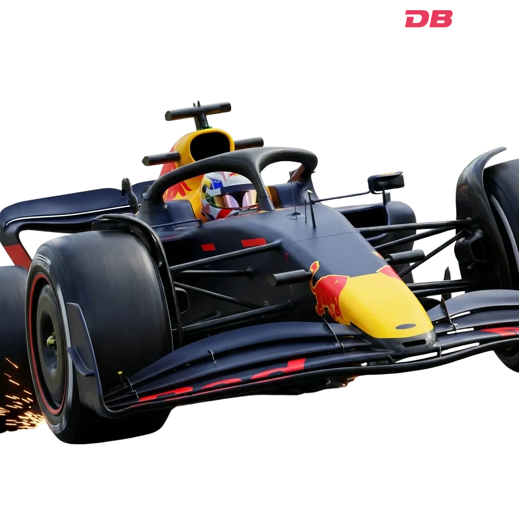 F1 racing cars on track with DBBet betting interface showing live odds and markets for Grand Prix races — DBbet in Bangladesh