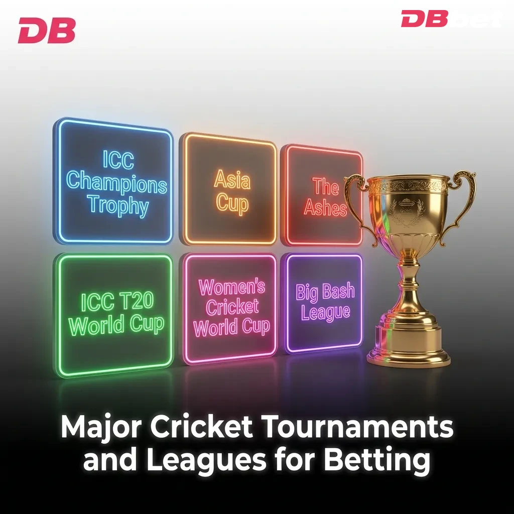 Cricket tournament overview showing ICC World Cup, T20 World Cup, The Ashes, IPL, and BPL betting options on DBBet — DBbet in Bangladesh