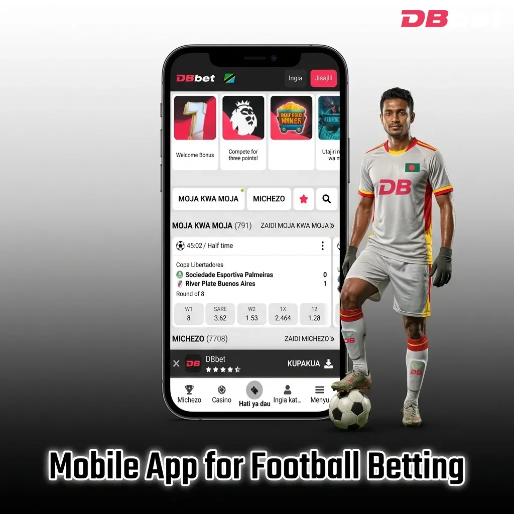 Football betting app interface showing match odds, bet slip, and live game notifications on mobile screen — DBbet in Bangladesh