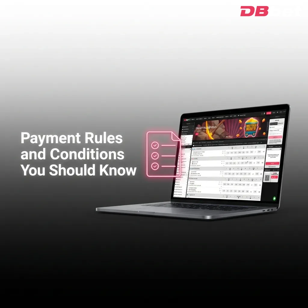 Payment rules illustration showing identity verification, withdrawal methods, wagering requirements, and currency conversion — DBbet in Bangladesh