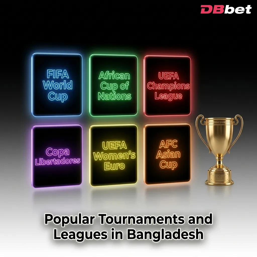 Popular soccer tournaments including FIFA World Cup, Champions League, and regional leagues available for betting — DBbet in Bangladesh