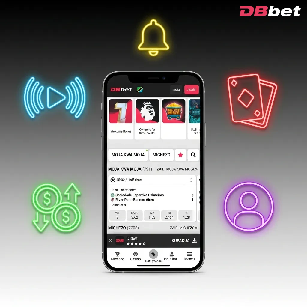 DBBet mobile platform showing live betting interface with sports markets, casino games, and payment options display — DBbet in Bangladesh